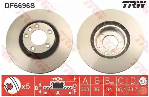 Диск тормозной передний Porsche Cayenne, VW Touareg TRW DF 6696S, D=360 мм