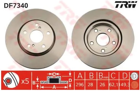 Диск тормозной передний Lexus IS II, III, Toyota Crown TRW DF 7340, D=296 мм