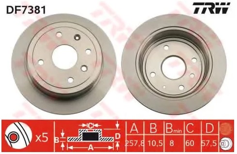 Диск тормозной задний DAEWOO NUBIRA, CHEVRALET LACETTI TRW DF 7381, D=257 мм