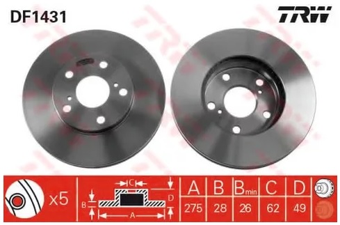 Диск тормозной передний TOYOTA AVENSIS TRW DF 1431, D= 275 мм