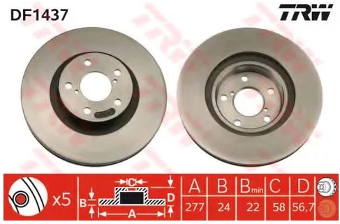 Диск тормозной передний SUBARU, TOYOTA TRW DF 1437, D=277 мм 