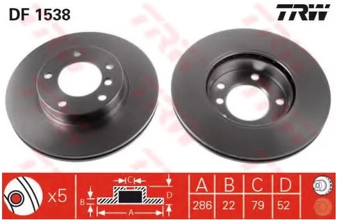 Диск тормозной передний BMW 3 TRW DF 1538, D=286 мм