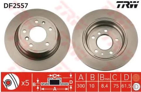 Диск тормозной задний BMW 3, 5 TRW DF 2557, D=300 мм