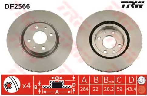 Диск тормозной передний Fiat Stilo TRW DF 2566, D=284 мм