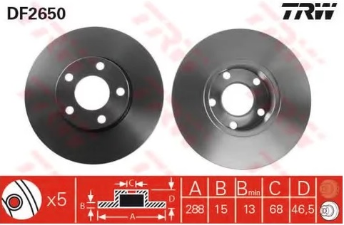 Диск тормозной передний Audi 100, A4, A6 TRW DF 2650, D=288 мм