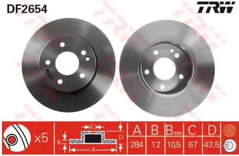 Диск тормозной передний Mercedes C-CLASS TRW DF 2654, D=284 мм
