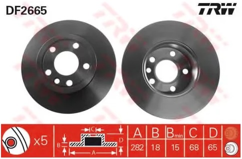 Диск тормозной передний VW KOMBI, Transporter TRW DF 2665, D=282 мм