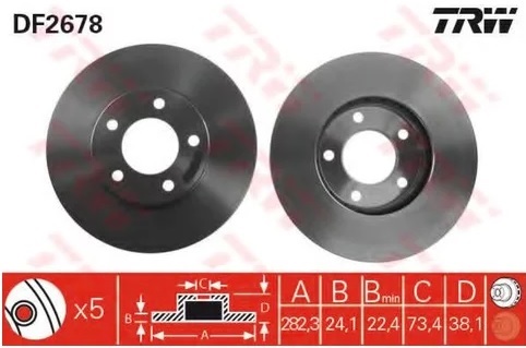 Диск тормозной передний Chrysler Voyager I, II, III, Dodge Caravan, GRANDCARAVAN TRW DF 2678, D=282 мм