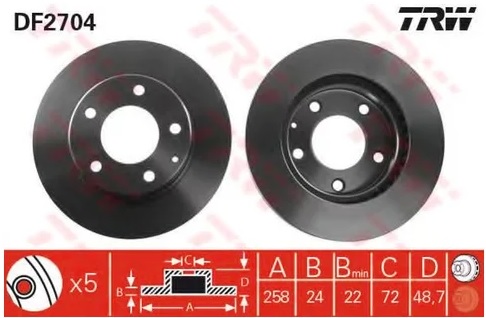 Диск тормозной передний MAZDA 323, 626, MX-6, Premacy, Xedos 6 TRW DF 2704, D=258 мм