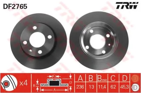 Диск тормозной передний Skoda Favorit, Felicia, VW Caddy TRW DF 2765, D=236 мм