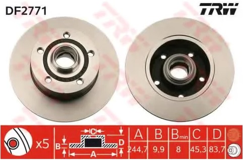 Диск тормозной задний Audi A4 TRW DF 2771, D=245 мм