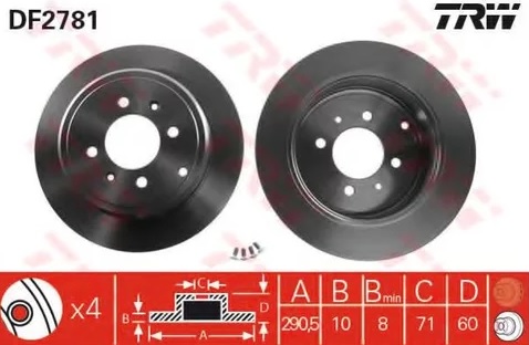 Диск тормозной задний Peugeot 406 TRW DF 2781, D=290.5 мм