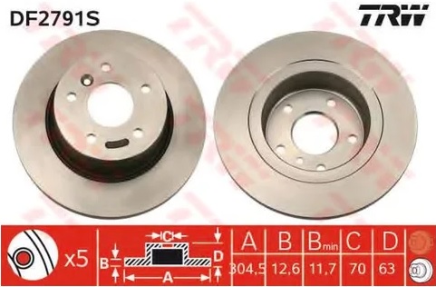 Диск тормозной задний Land Rover Discovery, Range Rover TRW DF 2791S, D=304.5 мм