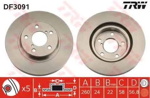 Диск тормозной передний Subaru Impreza, Legacy, SVX TRW DF 3091, D=260 мм