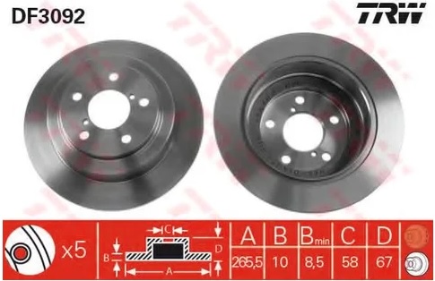 Диск тормозной задний Subaru Forester, Impreza, Legacy TRW DF 3092, D=266 мм