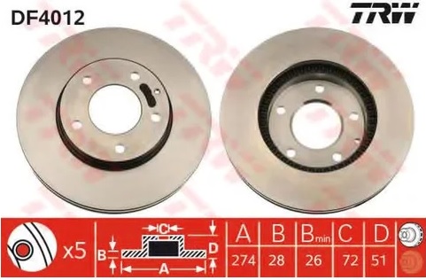 Диск тормозной передний Mazda MPV, Xedos 9 TRW DF 4012, D=274 мм