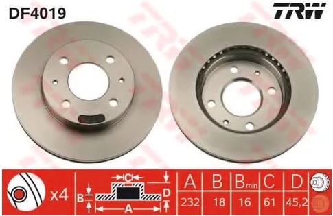 Диск тормозной передний Nissan Almera, Sunny TRW DF 4019, D=232 мм