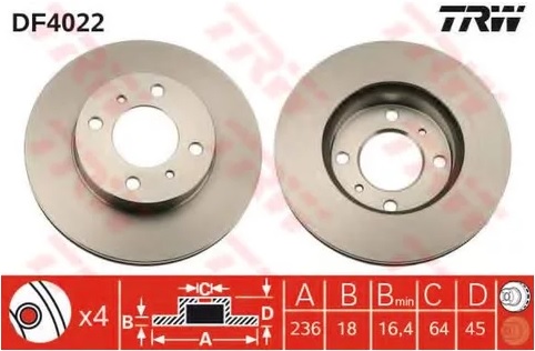 Диск тормозной передний Mitsubishi Carisma, Colt, Lancer, Mirage TRW DF 4022, D=236 мм