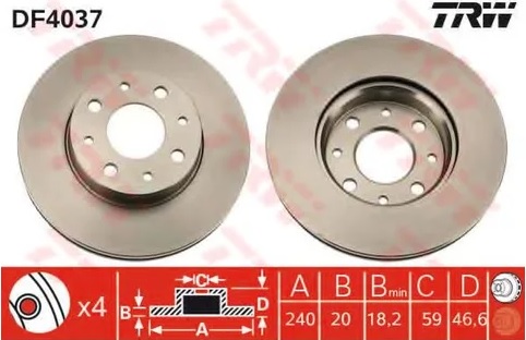 Диск тормозной передний Fiat Marea, Palio, Siena TRW DF 4037, D=240 мм