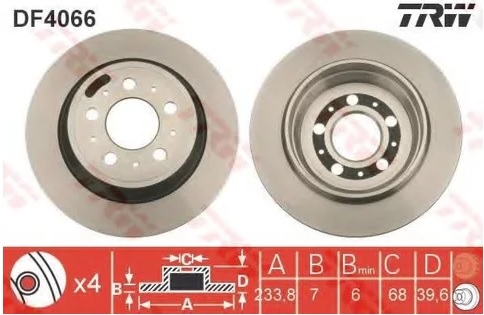 Диск тормозной задний VOLVO S60, S70, S80, V70, XC70 TRW DF 4066, D=288 мм