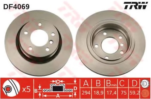 Диск тормозной задний BMW 3 TRW DF 4069, D=294 мм