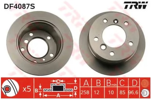 Диск тормозной задний Mercedes G-CLASS, SPRINTER, VW LT TRW DF 4087S, D=258 мм