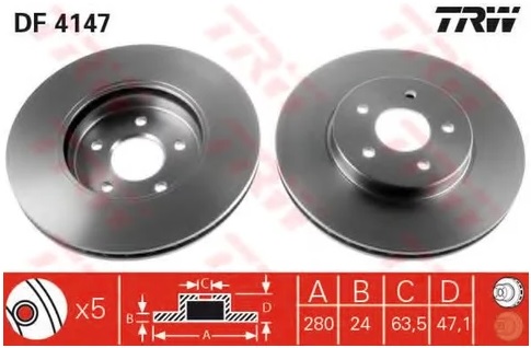 Диск тормозной передний Ford Mondeo, Jaguar X-Type TRW DF 4147, D=300 мм