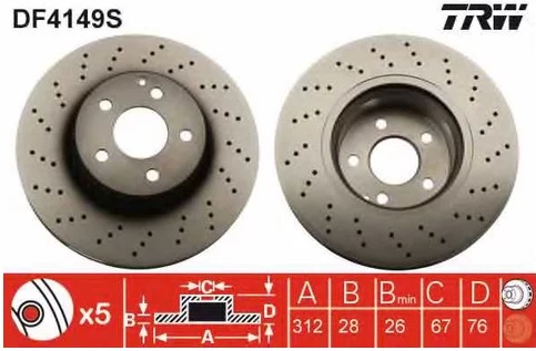 Диск тормозной передний Mercedes S-CLASS TRW DF 4149S, D=312 мм