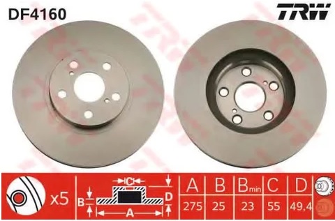 Диск тормозной передний Toyota Allion, Caldina, Celica, Premio TRW DF 4160, D=275 мм