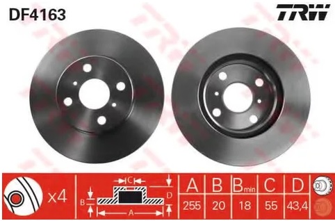 Диск тормозной передний TOYOTA TRW DF 4163, D=255 мм