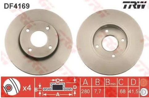 Диск тормозной передний NISSAN Almera, Primera TRW DF 4169, D=280 мм