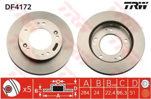Диск тормозной передний Kia Retona, Sportage TRW DF 4172, D=284 мм