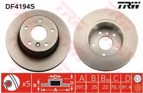 Диск тормозной передний Land Rover Discovery TRW DF 4194S, D=297.5 мм