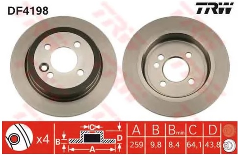 Диск тормозной задний MINI COOPER, ONE, CLUBMAN TRW DF 4198, D=259 мм 