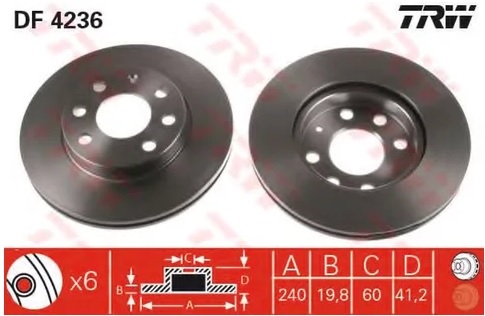 Диск тормозной передний Opel Corsa TRW DF 4236, D=240 мм