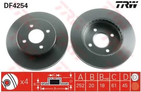 Диск тормозной передний Nissan Almera, Sunny TRW DF 4254, D=252 мм