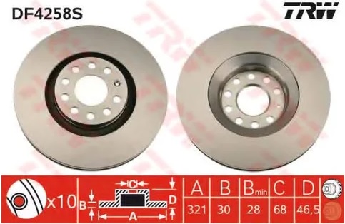 Диск тормозной передний Audi A4, A6, ALLROAD, SEAT Exeo TRW DF 4258S, D=321 мм