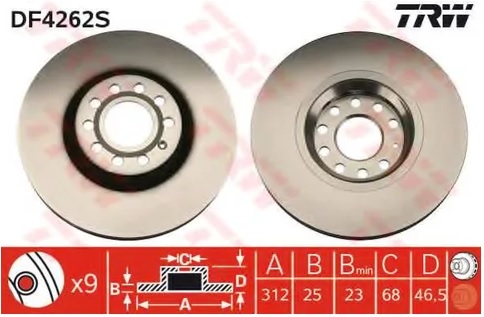 Диск тормозной передний Audi A4, A6, VW Passat TRW DF 4262S, D=312 мм