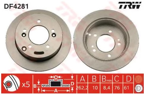 Диск тормозной задний HYUNDAI SONATA, TUCSON, KIA SPORTAGE TRW DF 4281, D=262 мм