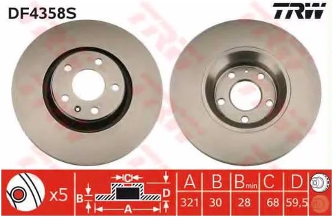 Диск тормозной передний Audi A6, A6 allroad, A8 TRW DF 4358S, D=321 мм