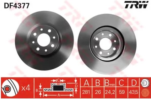 Диск тормозной передний Chrysler DELTA, Fiat Bravo, Stilo TRW DF 4377, D=281 мм