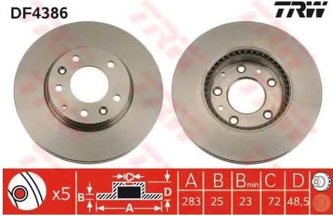 Диск тормозной передний Mazda 6 TRW DF 4386, D=283 мм