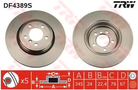 Диск тормозной задний BMW 7 TRW DF 4389S, D=345 мм