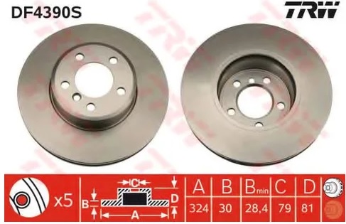 Диск тормозной передний BMW 7 TRW DF 4390S, D=324 мм