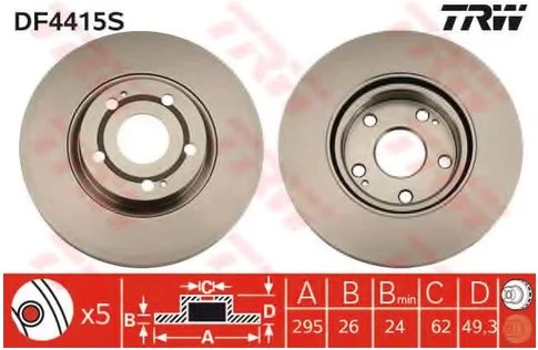 Диск тормозной передний Toyota Corolla Verso TRW DF 4415S, D=295 мм