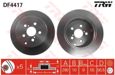 Диск тормозной задний Toyota Avensis TRW DF 4417, D=280 мм