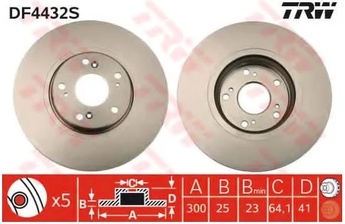 Диск тормозной передний Honda Accord, CR-V TRW DF 4432S, D=300 мм