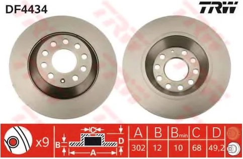 Диск тормозной задний Audi A6 TRW DF 4434, D=3002 мм