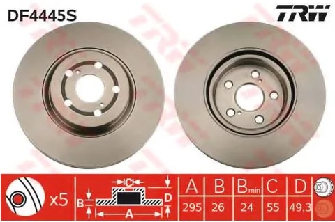 Диск тормозной передний Toyota Avensis TRW DF 4445S, D=295 мм