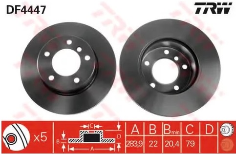 Диск тормозной передний BMW 1 TRW DF 4447, D=284 мм